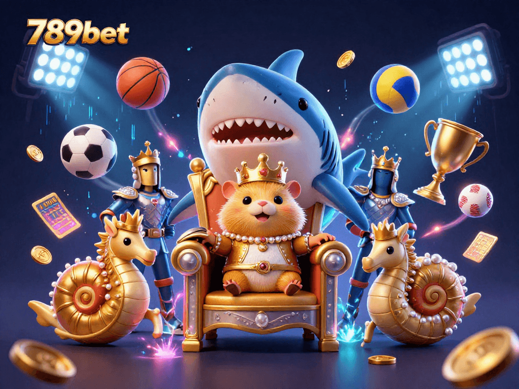 Bet on 789bet with a vibrant 3D casino illustration featuring a golden hamster king and dynamic sports elements.
