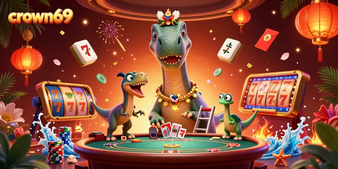Experience crown69 gaming thrills with a brontosaurus dealer and vibrant casino elements.