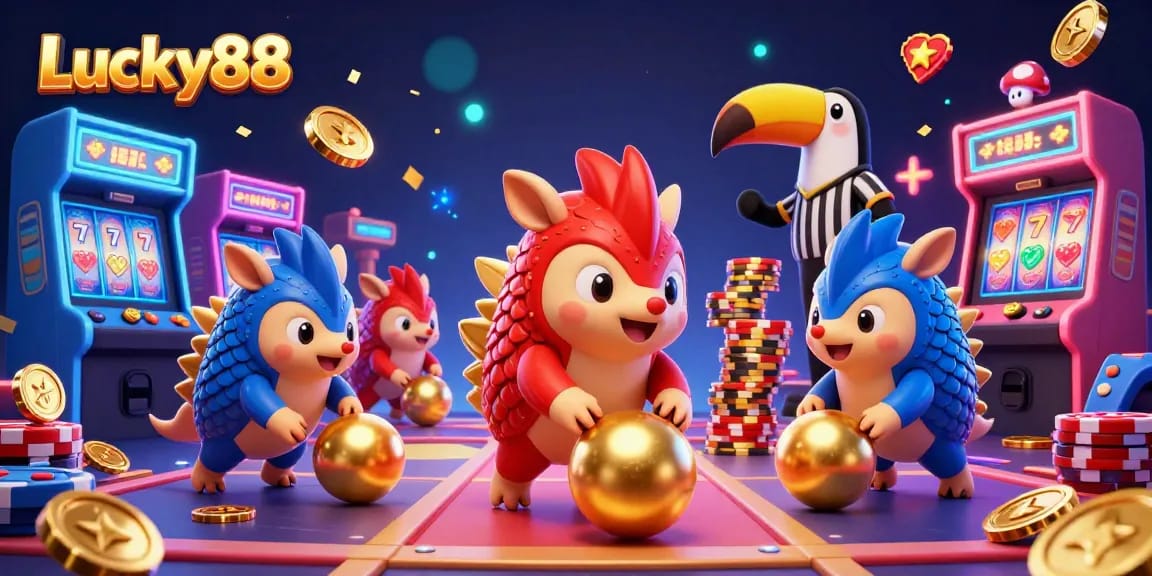 Experience thrilling games at Lucky88 with two rival pangolins competing in a casino gaming scene.