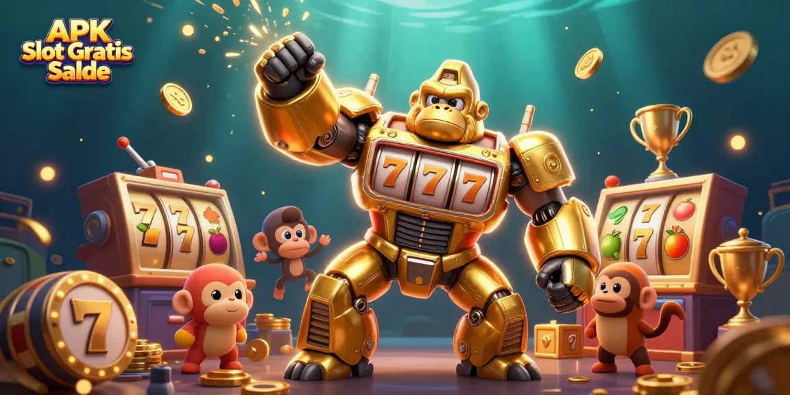 Experience thrilling action with APK Slot Gratis Saldo, featuring a golden gorilla mech and slot machine elements.