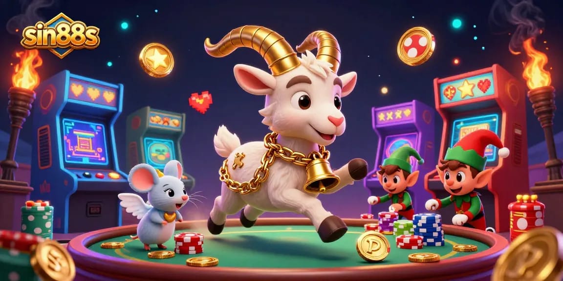 Engage with sin88s at a festive casino featuring a chaotic scene with Krampus and gremlins amidst games.