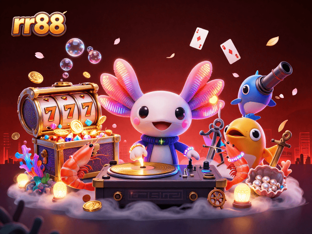 Experience thrilling gameplay with rr88 as electrifying axolotl DJ spins in vibrant casino scene.