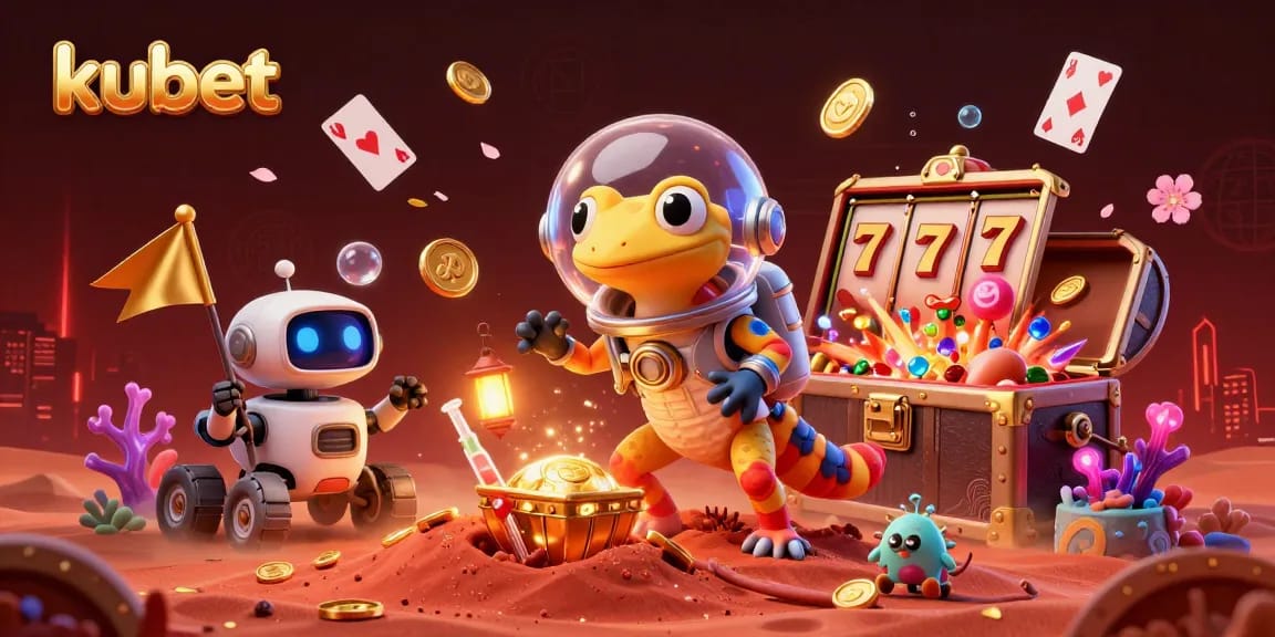 Kubet promotional illustration showcasing a Martian gecko exploring a golden casino with dynamic gaming elements