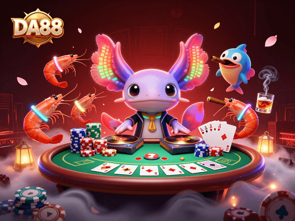 Engage in DA88's immersive casino experience featuring vibrant characters and dynamic poker elements.