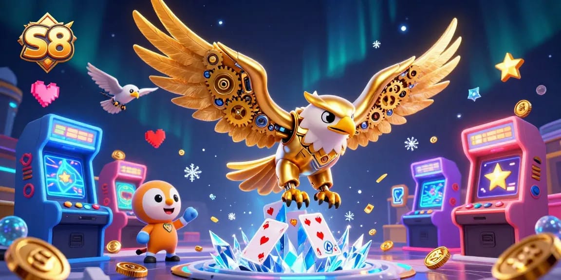 S8 players dive into holographic action with a futuristic eagle and cascading game symbols.