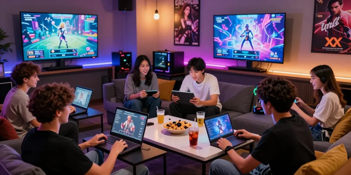 Friends enjoying xxx games in a vibrant gaming lounge with colorful LED lights.