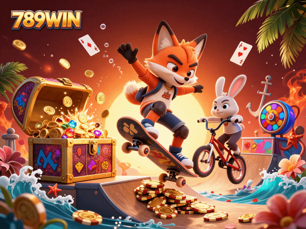 Experience thrilling gameplay at 789WIN, featuring a vibrant scene with a skateboarder fox and BMX rabbit in an exciting casino setting.