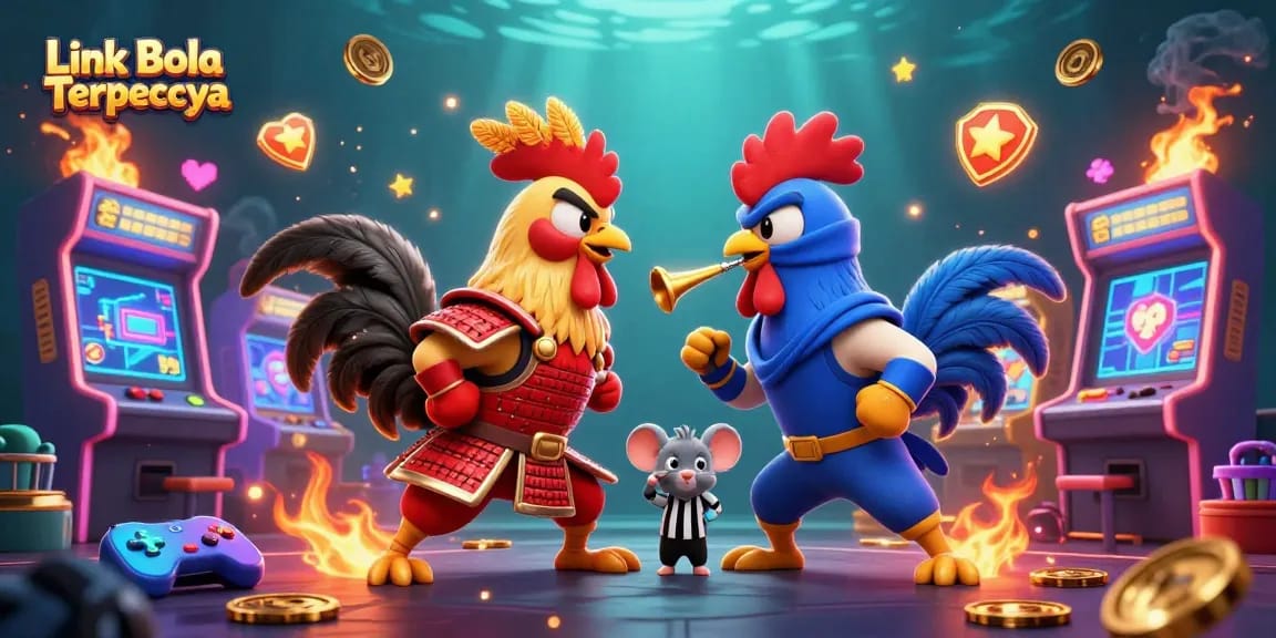 Link Bola Terpercaya memperlihatkan dua ayam bertarung di arena perjudian dengan latar belakang ceria.