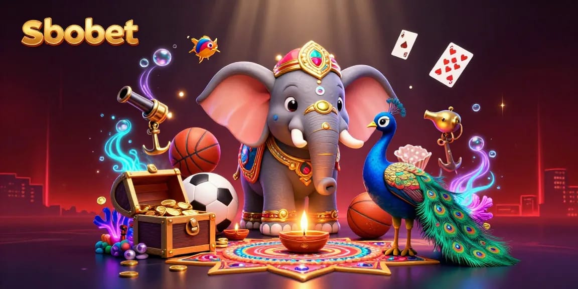 SBOBET sports betting action scene with an elephant and a peacock amid colorful elements