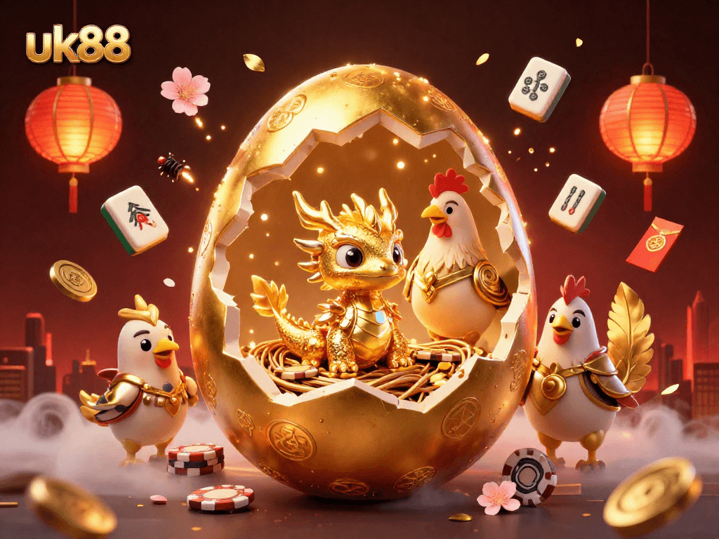 Engage with the thrilling world of uk88 featuring a golden dragon amidst vibrant casino elements.