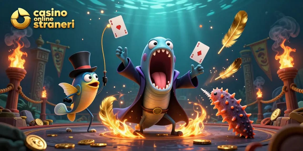 Una scena di gioco del casino online stranieri con pesci e monete d'oro danzanti.