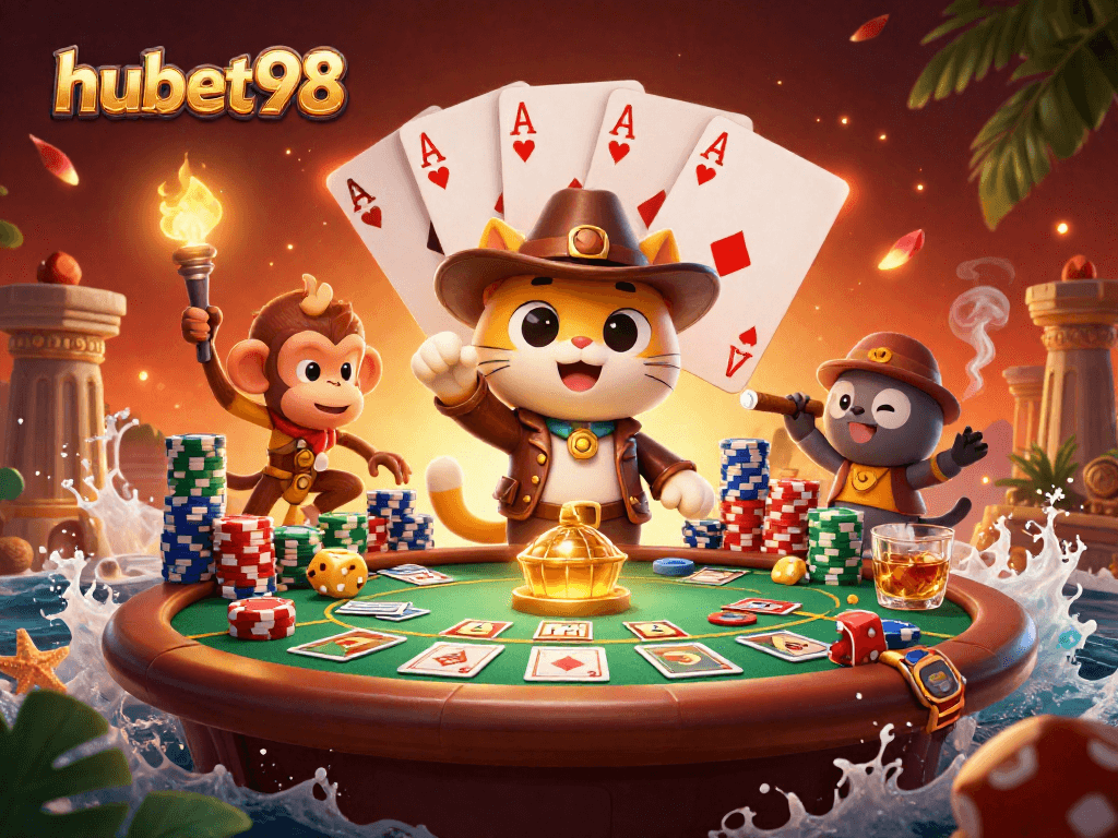 Experience thrilling gameplay at hubet98, featuring a cat archaeologist finding casino treasures in a vibrant scene.