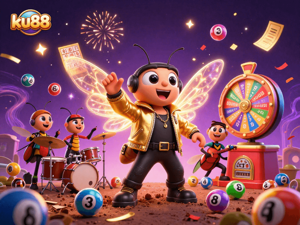 ku88 fuels excitement with a dynamic 3D illustration of a rock star and vibrant lottery elements