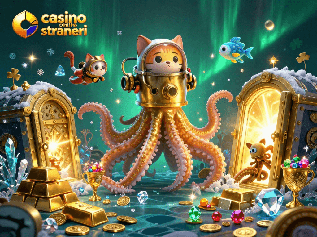 Gioca nei casino online stranieri con un'illustrazione 3D di un kraken dorato e un gatto subacqueo.