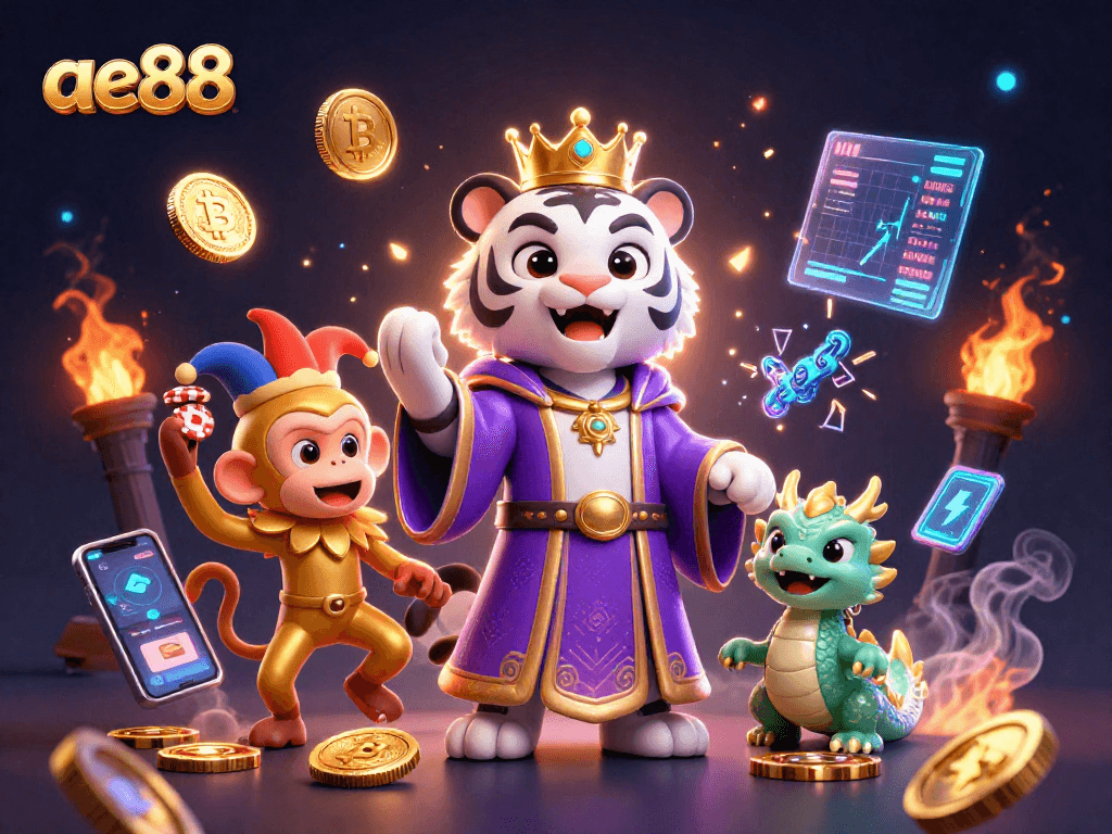 Play and win with ae88 at this vibrant casino scene featuring a white tiger and golden monkey.