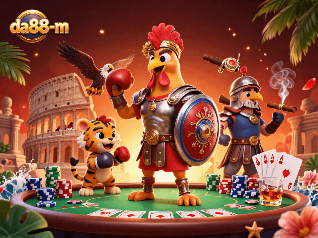 Join the fun at da88-m with thrilling poker action featuring a gladiator rooster and tiger cub in a vibrant colosseum.