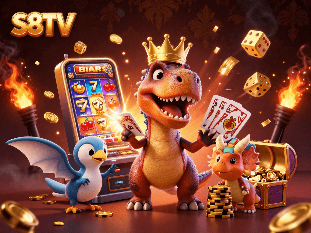 S8TV brings excitement with a cartoon T-Rex shuffling cards, surrounded by vibrant casino elements