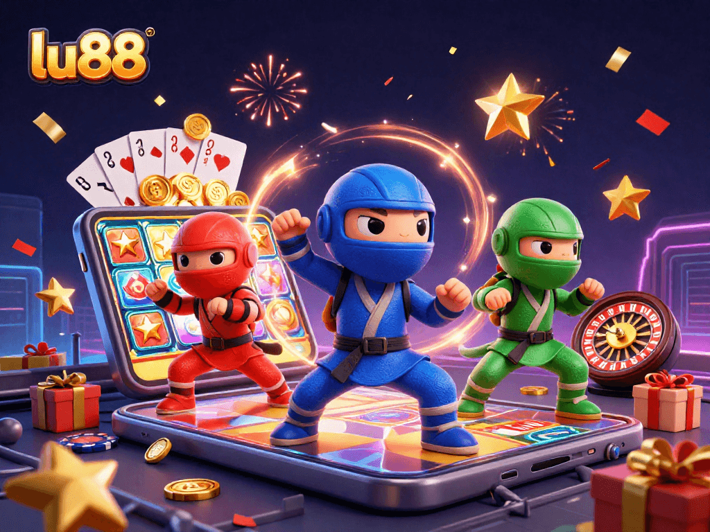 lu88 showcases a vibrant 3D ninja chameleon team amidst a casino celebration with slot games.