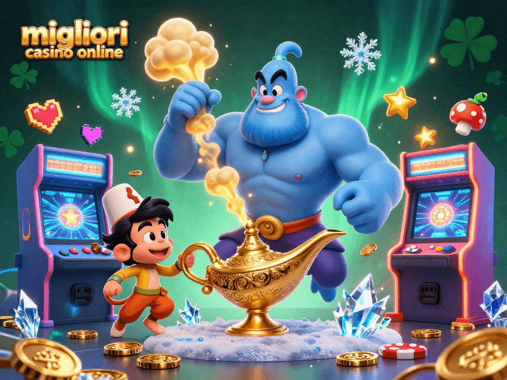 I migliori casino online presentano un'incantevole illustrazione 3D con un genio blu e un tappeto magico volando tra colori vivaci.