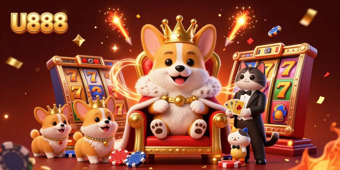 U888 Royal Corgi king surrounded by vibrant jackpot elements, celebrating casino victories