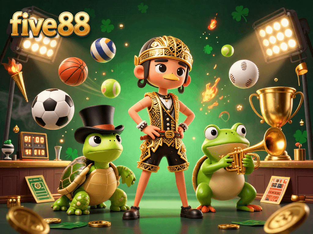 Engage with the lively five 88 casino scene featuring intricate characters and dynamic sports elements.