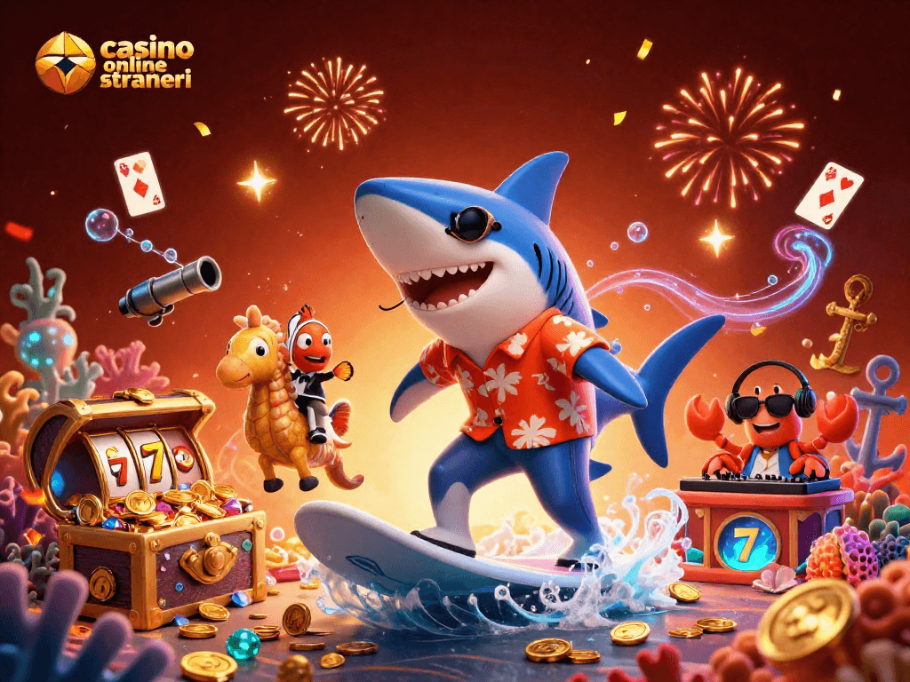 Immagine animata di un'illustrazione 3D con il tema casino online stranieri che mostra un pesce sega in una maglietta hawaiana.
