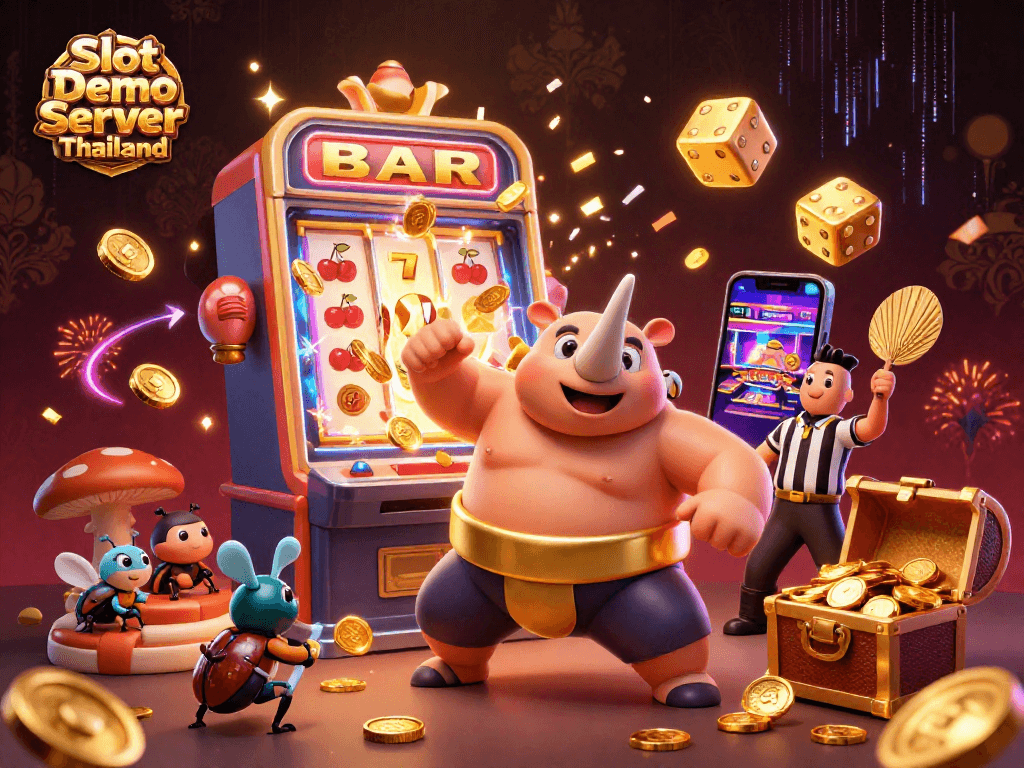 Engage with Slot Demo Server Thailand featuring exhilarating cartoon-style slot action and colorful casino elements.