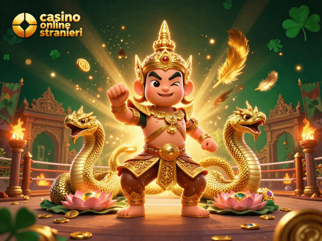 Gioca a casino online stranieri con una scena vibrante di guardiani e serpenti in oro.