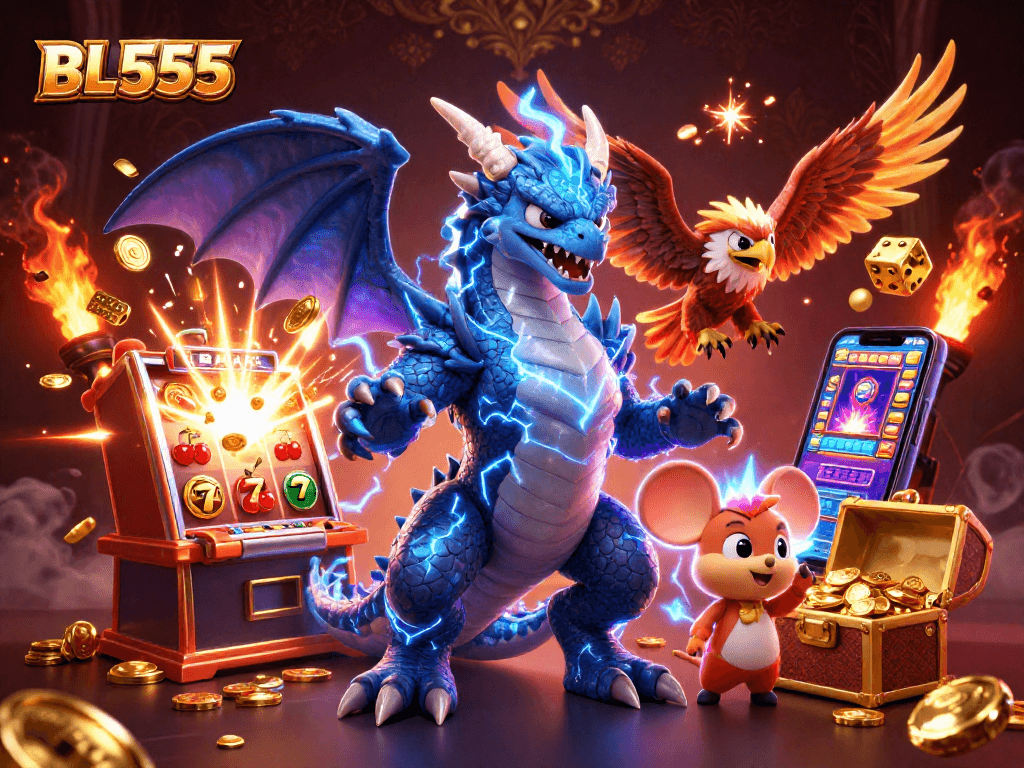 BL555's dynamic 3D casino scene features a thunder dragon, wind hawk, and thunder mouse amidst vibrant slot elements.
