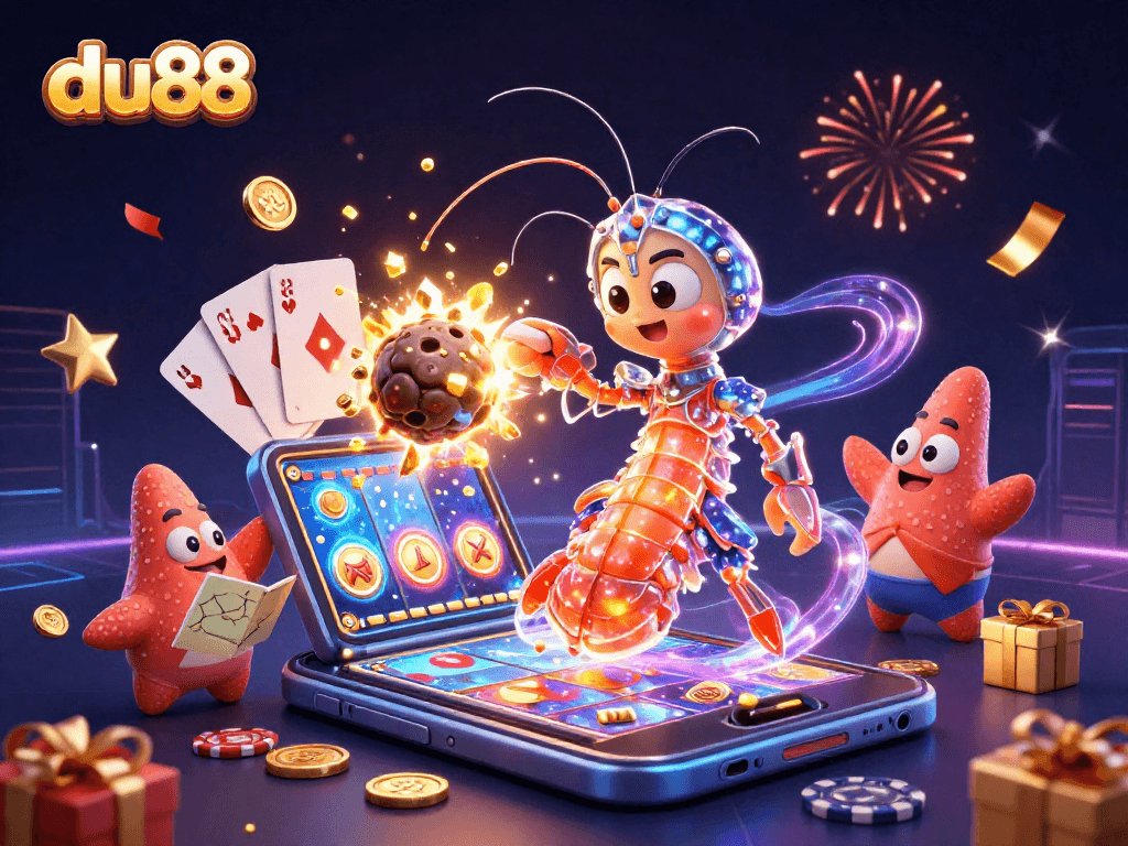 Experience excitement at du88 with a vibrant 3D casino scene filled with games and treasures.
