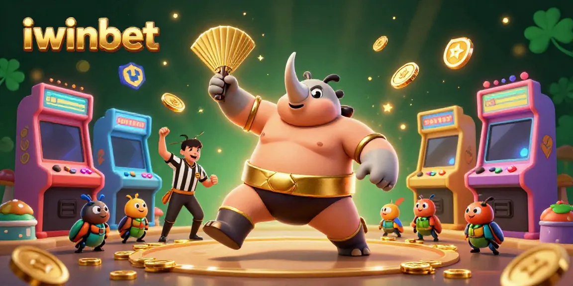 Witness the excitement of iwinbet with a dynamic illustration showcasing beetle champions and casino elements.