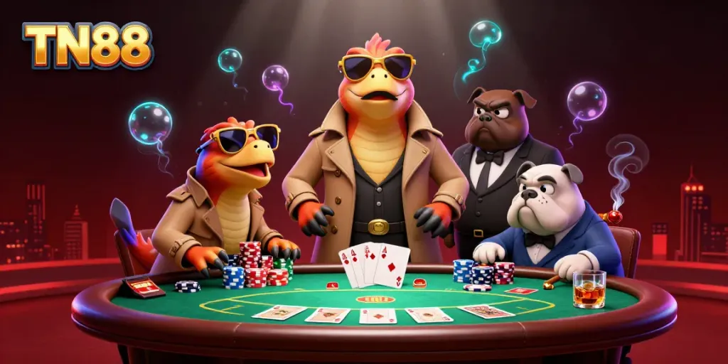 Raptors in a trench coat enter TN88 VIP lounge amid vibrant casino elements.