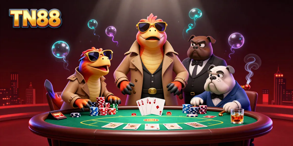 Raptors in a trench coat enter TN88 VIP lounge amid vibrant casino elements.