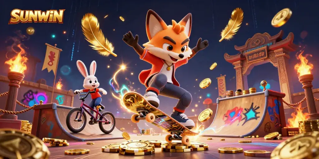 SUNWIN themed action illustration featuring a fox and rabbit in a vibrant casino scene.
