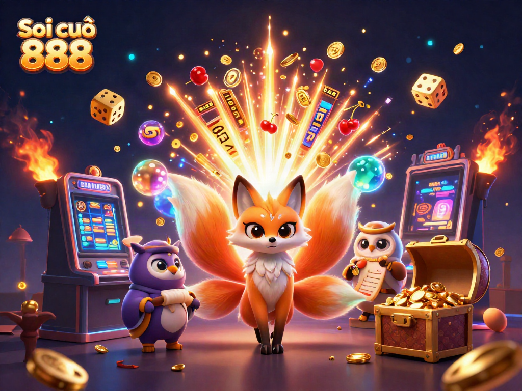 Soi cầu 888 engaging 3D casino scene with magical fox spirit, wise owl sage, and vibrant gaming elements.