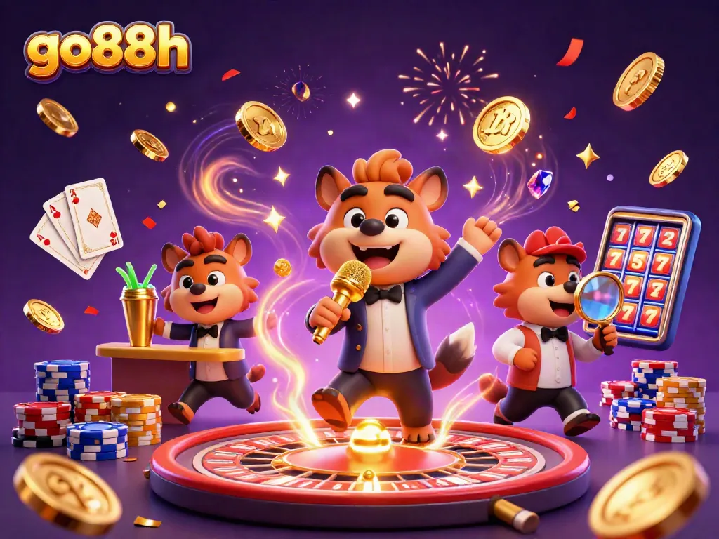 Engage with go88h at a vibrant casino scene featuring cartoon hyenas, golden coins, and winning chances.