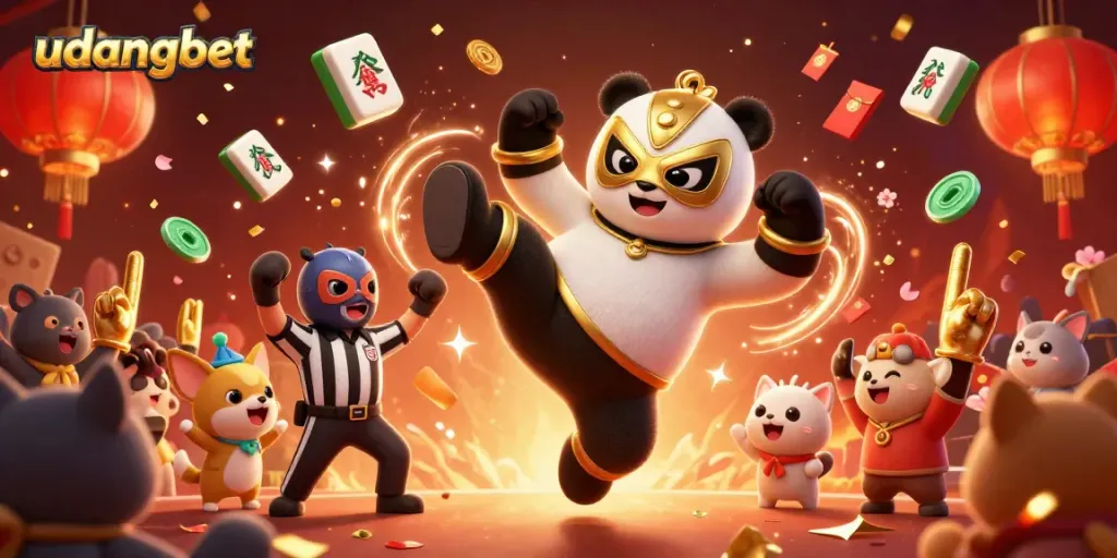 udangbet promo scene with panda wrestler kicking, viewers with foam fingers, and casino elements