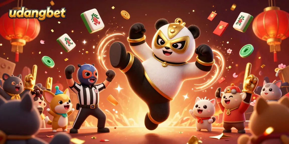 udangbet promo scene with panda wrestler kicking, viewers with foam fingers, and casino elements