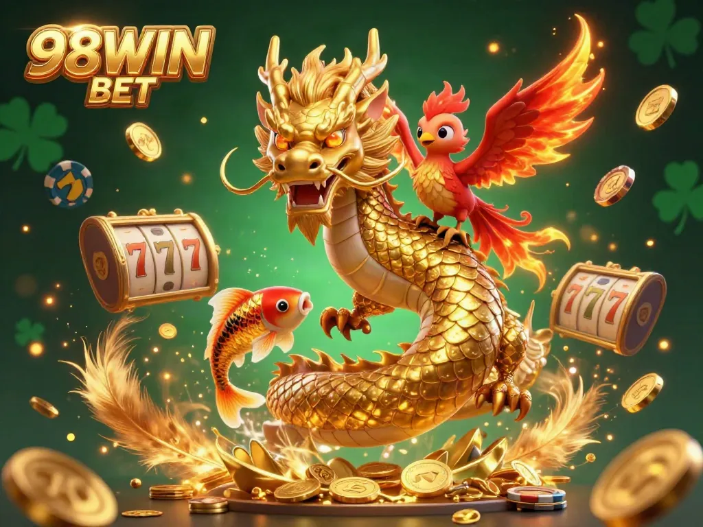 Experience thrilling gameplay with 98WIN BET as a golden dragon envelops a lucky koi fish in a vibrant casino world.