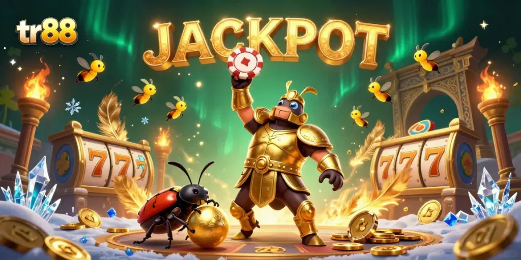 Experience thrills with tr88 as a cartoon beetle celebrates a jackpot win in a rich casino-themed scene.