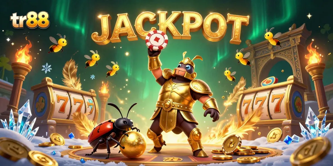 Experience thrills with tr88 as a cartoon beetle celebrates a jackpot win in a rich casino-themed scene.