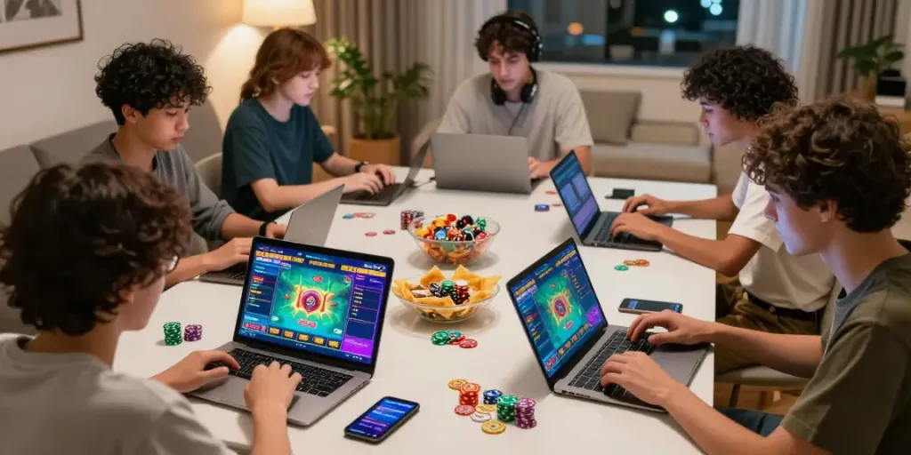 Davo88 players enjoying an exciting online togel game session in a cozy setting.