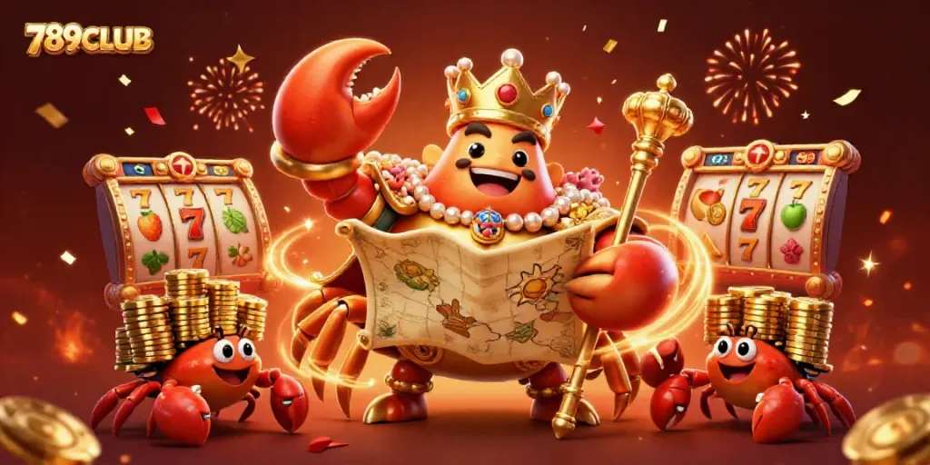 Engage with 789CLUB's thrilling casino realm featuring a golden crab emperor amidst festive elements and slot machines.