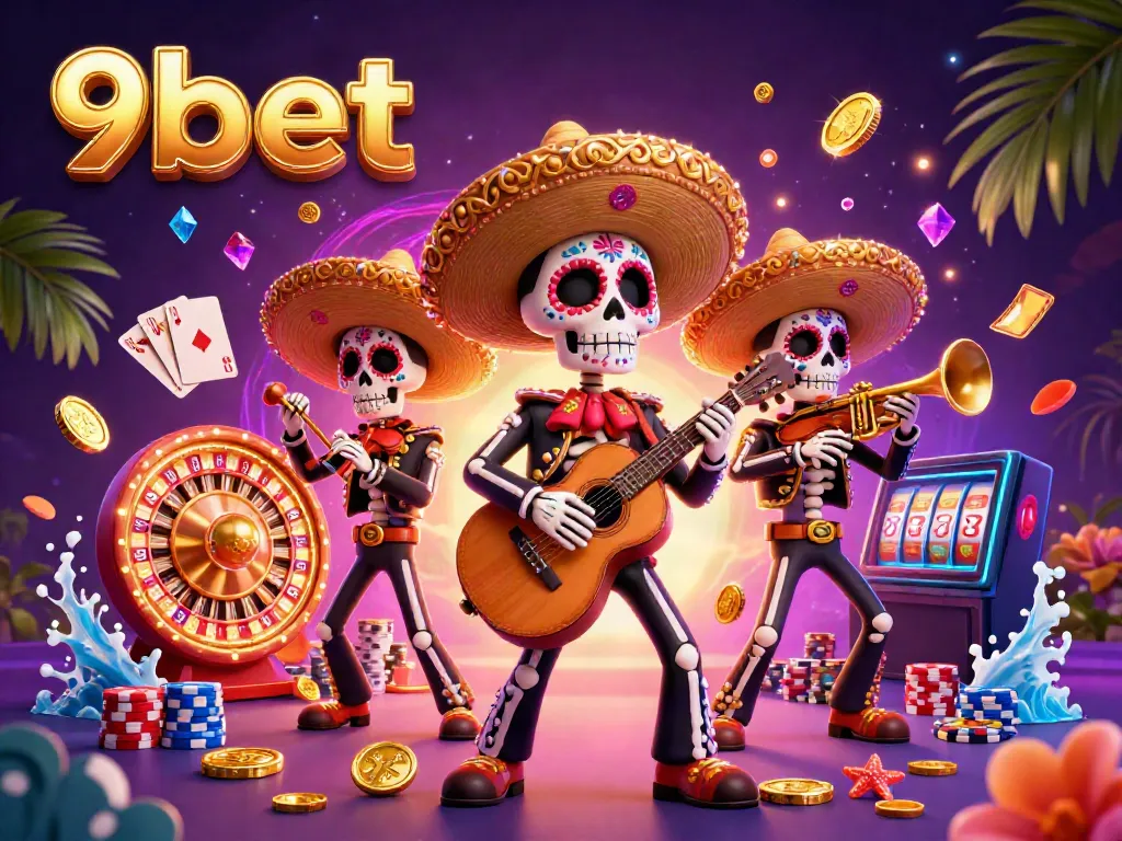 Experience the excitement of 9bet with a vibrant 3D illustration showcasing a mariachi band amidst casino elements.