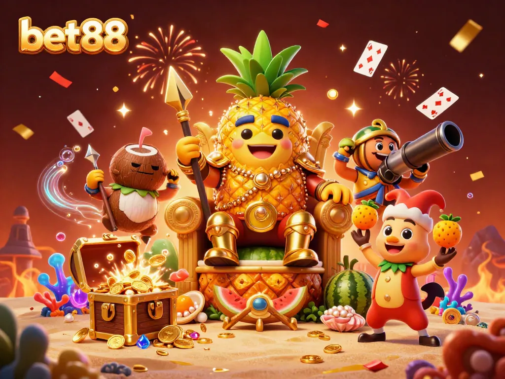 Bet88 vibrant casino scene featuring a golden pineapple king and lively characters amidst rich decorations.