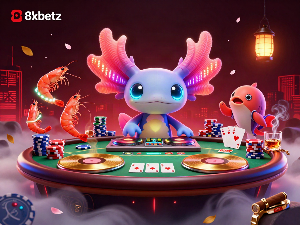 Experience the excitement of 8xbetz with a neon axolotl DJ and vibrant poker elements.