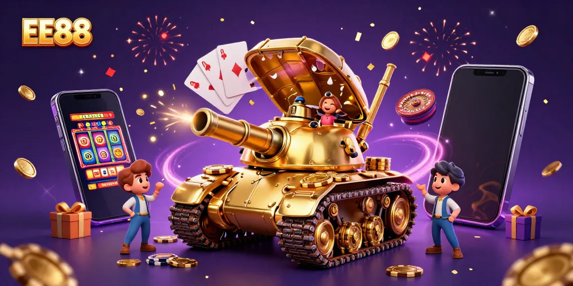 Experience the excitement of EE88 with a massive golden beetle tank revealing a casino inside.