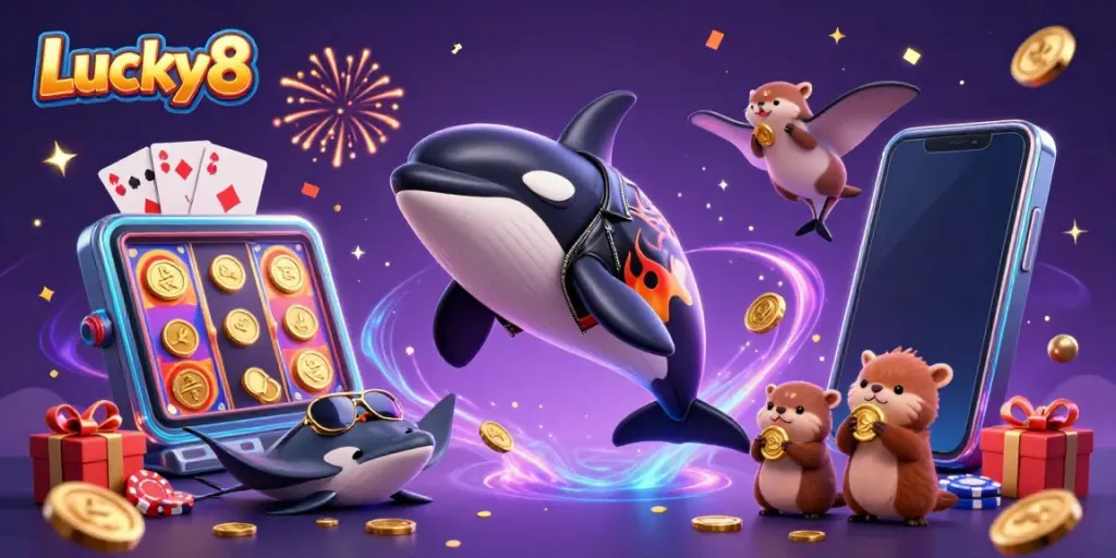 Experience the thrill of Lucky8 with dynamic characters celebrating around colorful gambling elements.