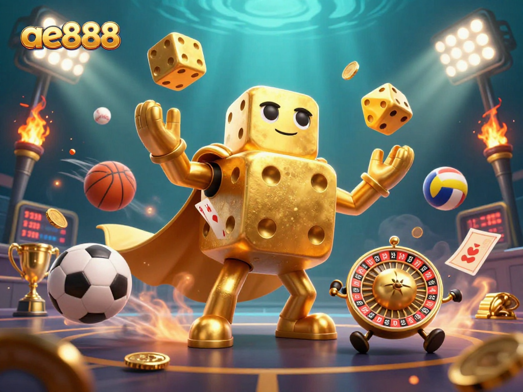 ae888 showcases a vibrant casino scene with a golden dice golem juggling smaller dice and sports elements
