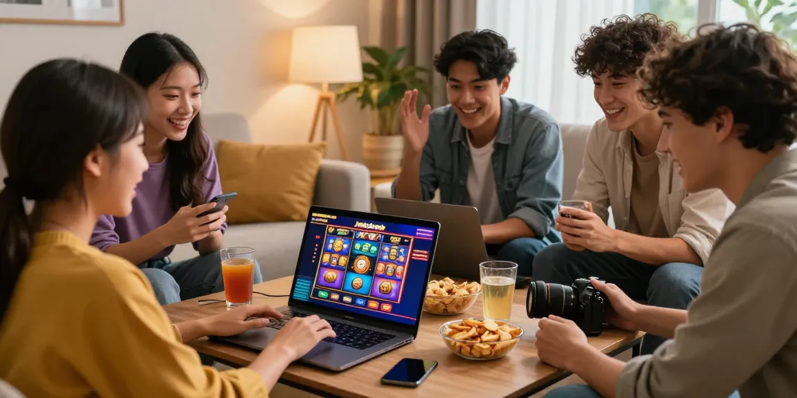 Friends enjoying an online gaming experience on Jerukbet in a cozy living room.